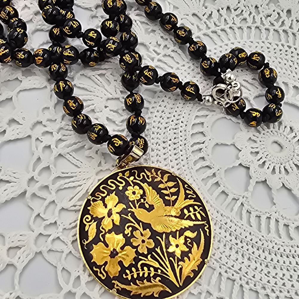 Vintage Damascene Beaded Necklace Gold Tone Bird Flowers Black